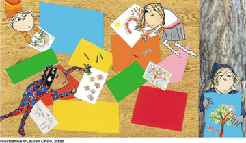 Cartoon of children creating works of art with crayons and pencils - drawing and craft making