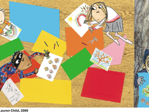 Cartoon of children creating works of art with crayons and pencils - drawing and craft making