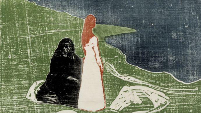 Abstract artwork depicting two figures, one in black and one in red and white, standing on a textured green and blue background.