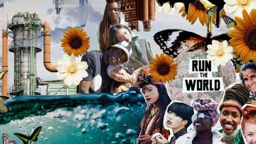 Collage of diverse people, sunflowers, butterflies, industrial structures, and the text "Run the World" against a blue background.