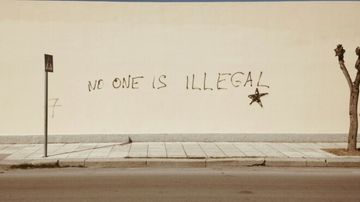 Graffiti on a beige wall reads "NO ONE IS ILLEGAL" with a star symbol, beside a leafless tree and a pedestrian crossing sign.