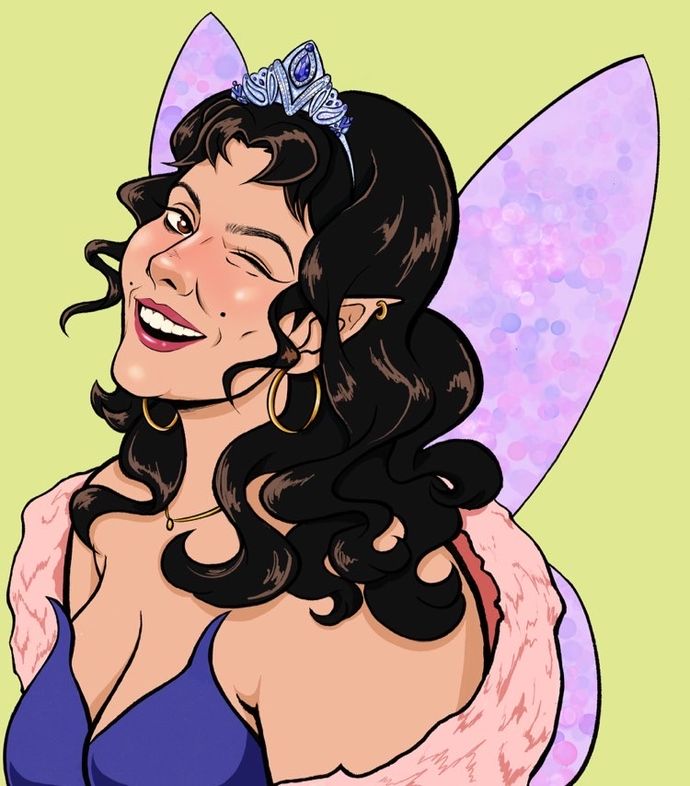 Illustration of a woman with curly hair, wearing a crown and fairy wings, winking and smiling. She has hoop earrings and a fur stole.