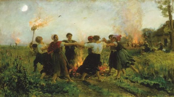 Old painting of children dancing around a fire pit in field
