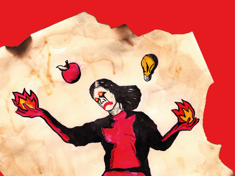 graphic showing burnt paper with singed edges and cartoon of person with shoulder length black hair holding fire in hands against red background
