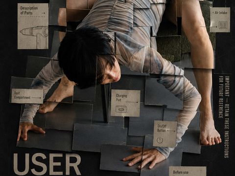 Person crouched in an abstract pose within fragmented panels on an experimental theatre poster.
