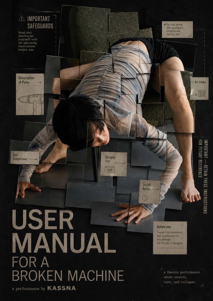 Person crouched in an abstract pose within fragmented panels on an experimental theatre poster.