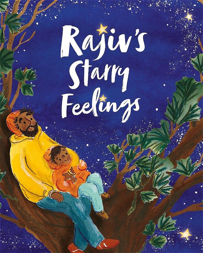 Cover of "Rajiv's Starry Feelings" depicting a person and child in a tree, surrounded by stars and leaves, against a deep blue night sky.