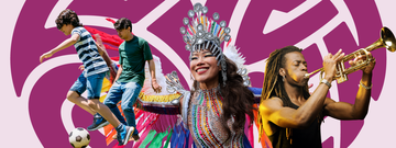 A diverse celebration scene with a football player, a dancer in vibrant attire, and a musician playing trumpet, set against a purple background.