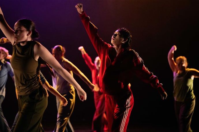 A group of dancers in dynamic poses, wearing varied athletic wear, perform under warm stage lighting.