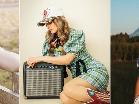 A person in animal print clothing sits outdoors, another in a checked dress and cap leans on an amplifier, and a third in a white dress stands in a grassy field.