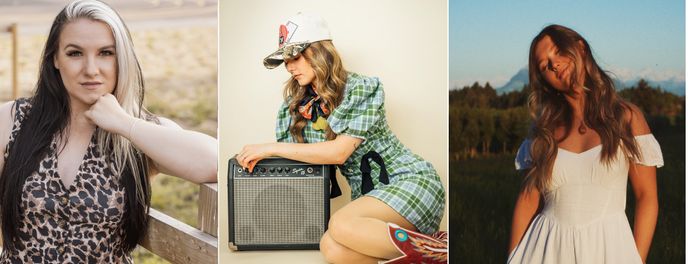 A person in animal print clothing sits outdoors, another in a checked dress and cap leans on an amplifier, and a third in a white dress stands in a grassy field.