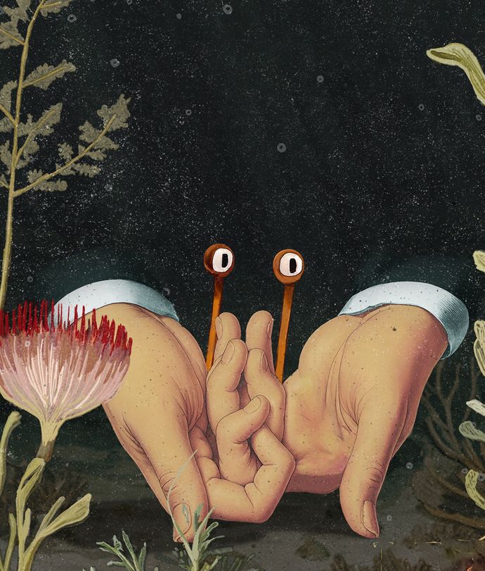 Two hands clasped together underwater hold two orange stalks with eyeballs on top, surrounded by plants and a pink flower in a surreal, dreamlike scene.