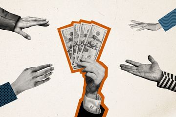 A hand holds several paper bills while multiple other hands reach toward the money from different directions.