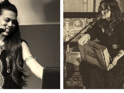 Black and white photos of two people - one on left smiles with micrphone on stand in front of her, on the right a person sits with microphone and instrument on lap