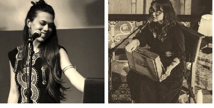 Black and white photos of two people - one on left smiles with micrphone on stand in front of her, on the right a person sits with microphone and instrument on lap