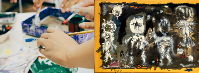 Hands painting on the left; an abstract artwork with white and red figures on a dark background on the right.