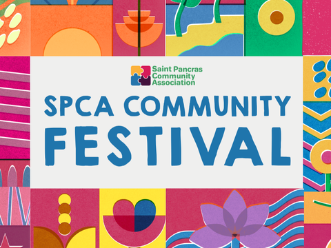Multi coloured graphic images of flowers and geometric lines in yellow blue orange and pink with SPCA COMMUNITY FESTIVAL in centre
