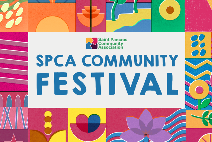 Multi coloured graphic images of flowers and geometric lines in yellow blue orange and pink with SPCA COMMUNITY FESTIVAL in centre