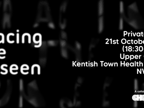 Poster with white text 'Tracing the Unseen' and event details on a black background with faint, blurred large letters behind.