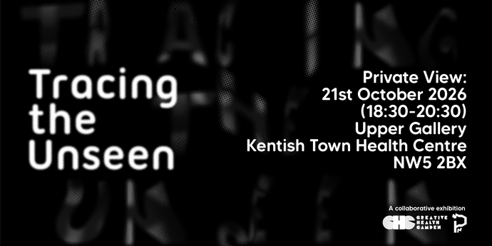 Poster with white text 'Tracing the Unseen' and event details on a black background with faint, blurred large letters behind.