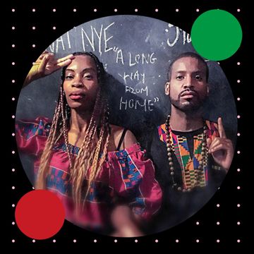 Two people in colorful attire stand against a chalkboard backdrop with the words "A Long Way From Home." Both hold up peace signs.