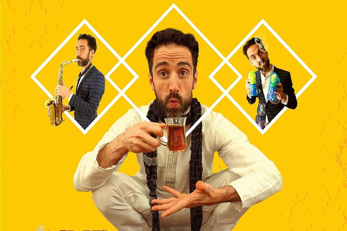 A person sits cross‑legged against a bright yellow background, holding a glass of tea with two smaller images behind showing the same person playing a saxophone and juggling items.