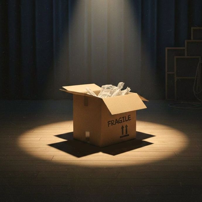 An open cardboard box labeled “FRAGILE” sits under a spotlight on a wooden floor, surrounded by dark stage curtains and scattered stage equipment.