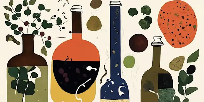 Illustration of abstract bottles with colorful geometric designs, featuring plants, fruits, and organic shapes in earthy tones.