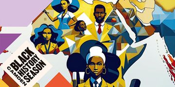 Illustrated poster for Camden Black History Season featuring diverse figures against a stylized map of Africa with bold colors and geometric shapes.