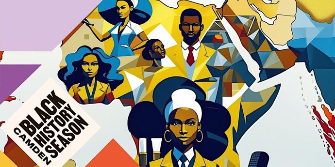 Illustrated poster for Camden Black History Season featuring diverse figures against a stylized map of Africa with bold colors and geometric shapes.