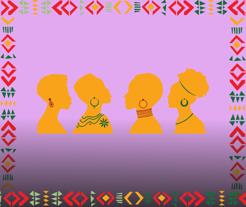 Silhouettes of four people in profile with colourful patterns and jewellery, framed by geometric border on a purple background.