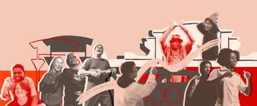 A group of diverse people joyfully engaging in various activities, set against a stylized architectural background with abstract red accents.