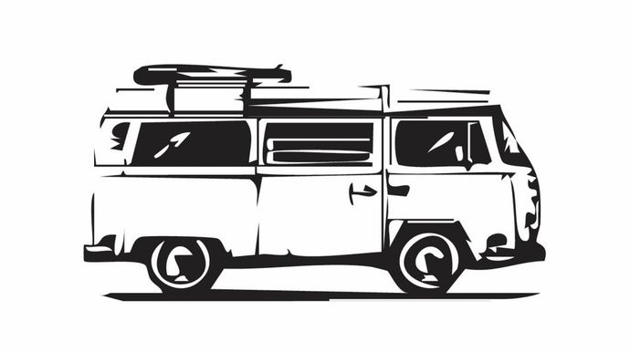 A black and white drawing of a van
