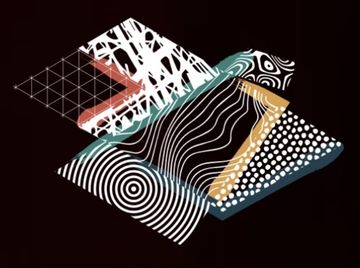 Abstract graphic with white lines and squares of different patterns against black background