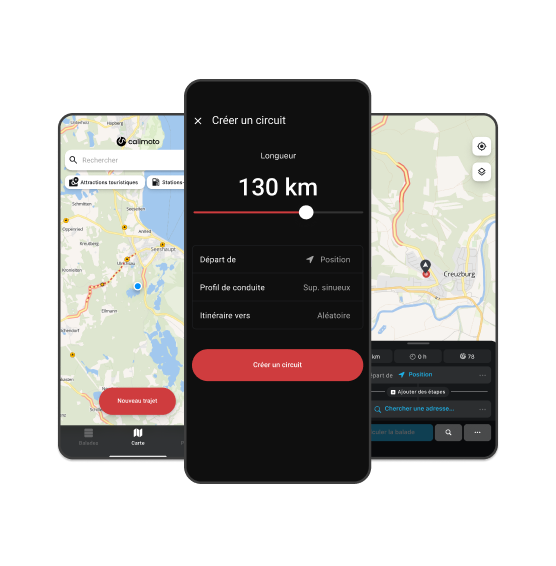 Trois captures d'écran de l'application calimoto : voici comment planifier votre balade à moto.