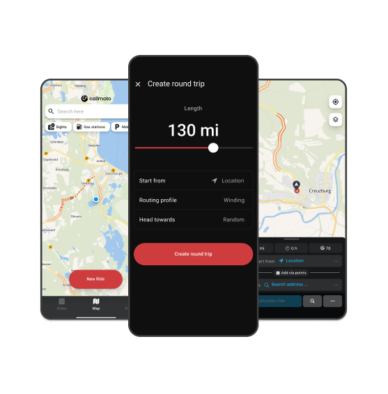 Three screenshots of the calimoto app: How to plan your motorcycle tour.