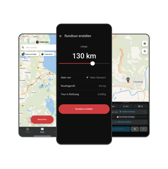 Drei Bildschirmaufnahmen der calimoto-App: So planst du deine Motorradtour.