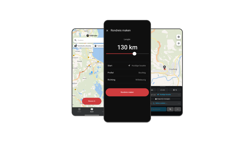 Drie screenshots van de calimoto-app: zo plan je jouw motorrit.
