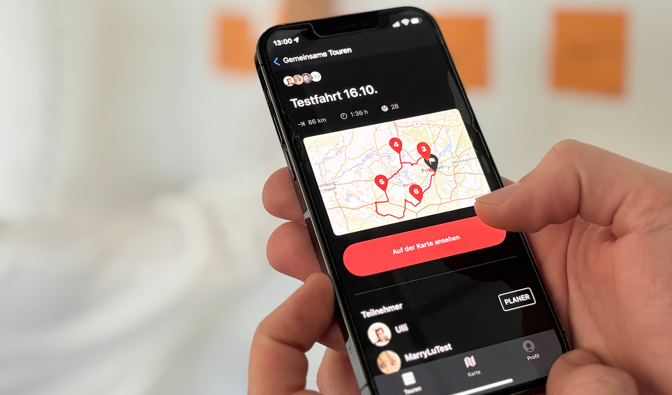 Die calimoto-App zeigt eine Testfahrt vom Feature "Gemeinsame Touren".