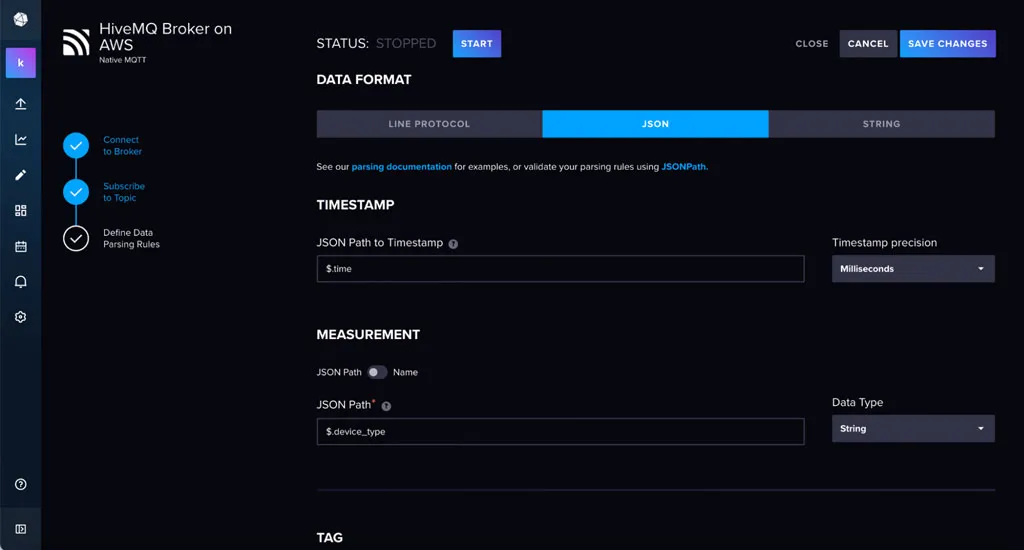 InfluxDB Cloud Native Collectors’ user interface to add MQTT topics