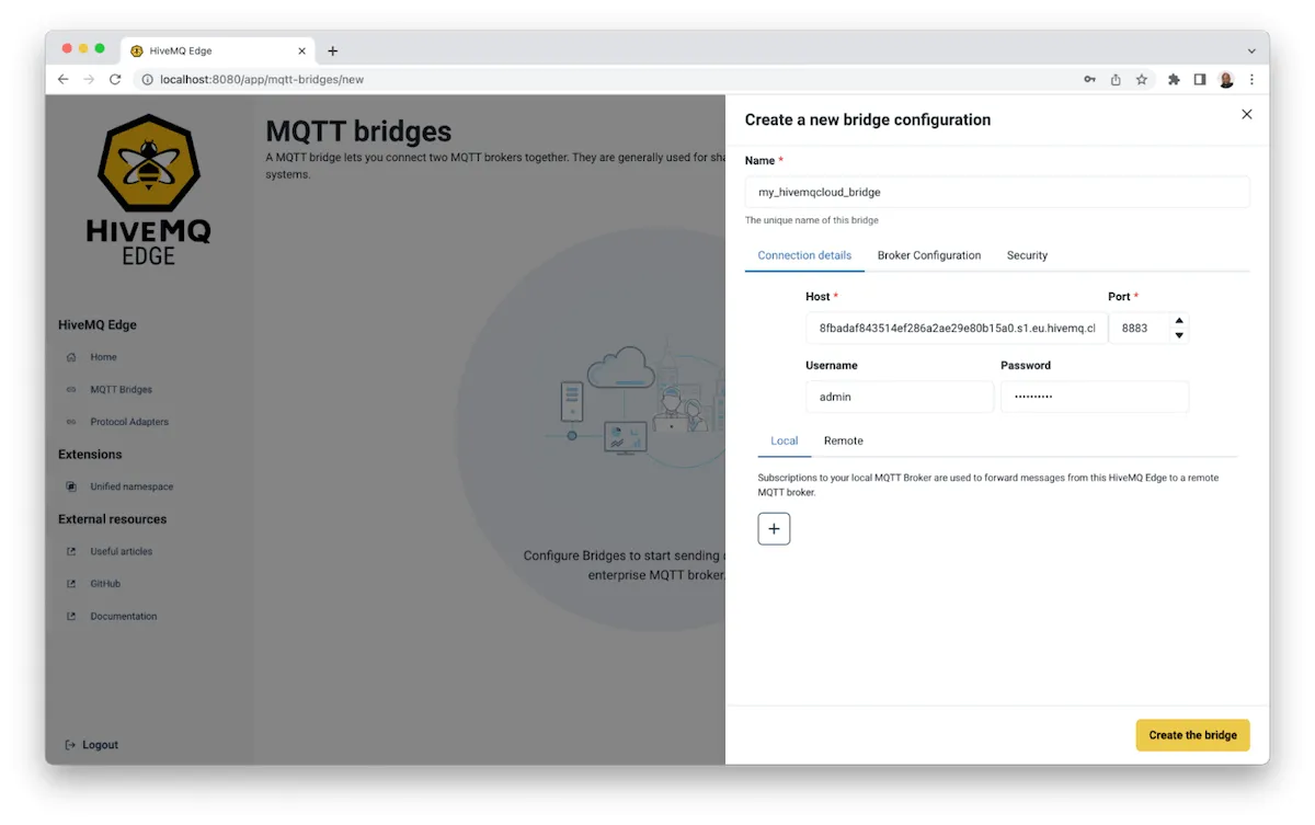 click on ‘Add bridge connection’, and then provide a unique name for your bridge