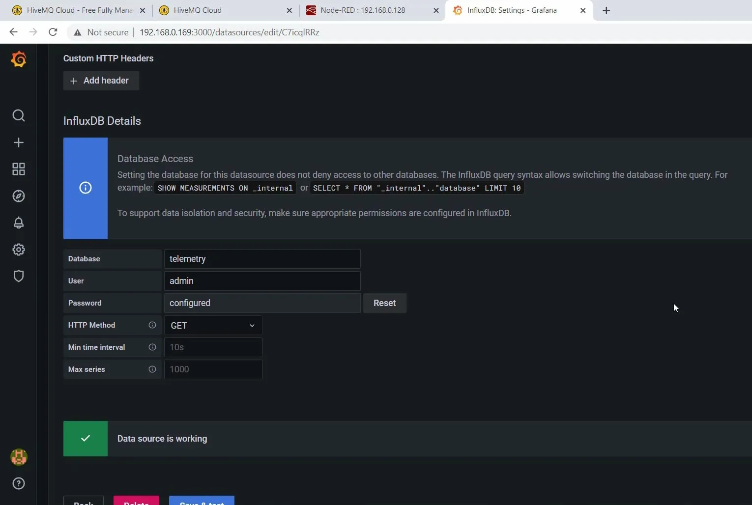 configuration settings Influx details