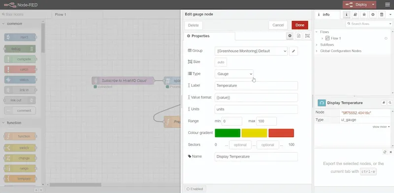 Open the Display Temperature node and get access to the Edit gauge node
