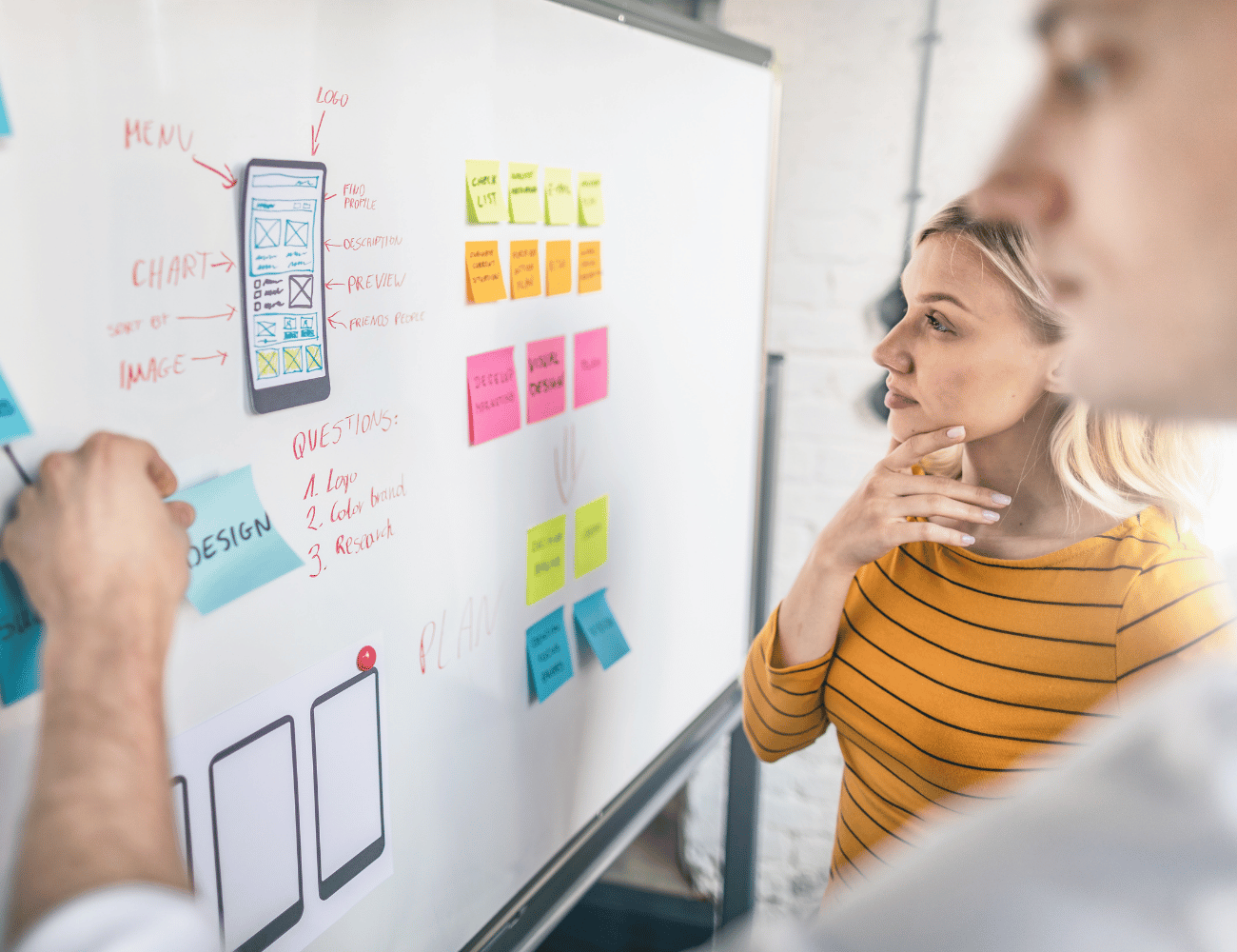 Zwei Personen, die an einer mit bunten Haftnotizen, Skizzen und Diagrammen bedeckten Weißwandtafel Brainstorming betreiben und sich dabei auf ein mobiles Design-Layout konzentrieren.