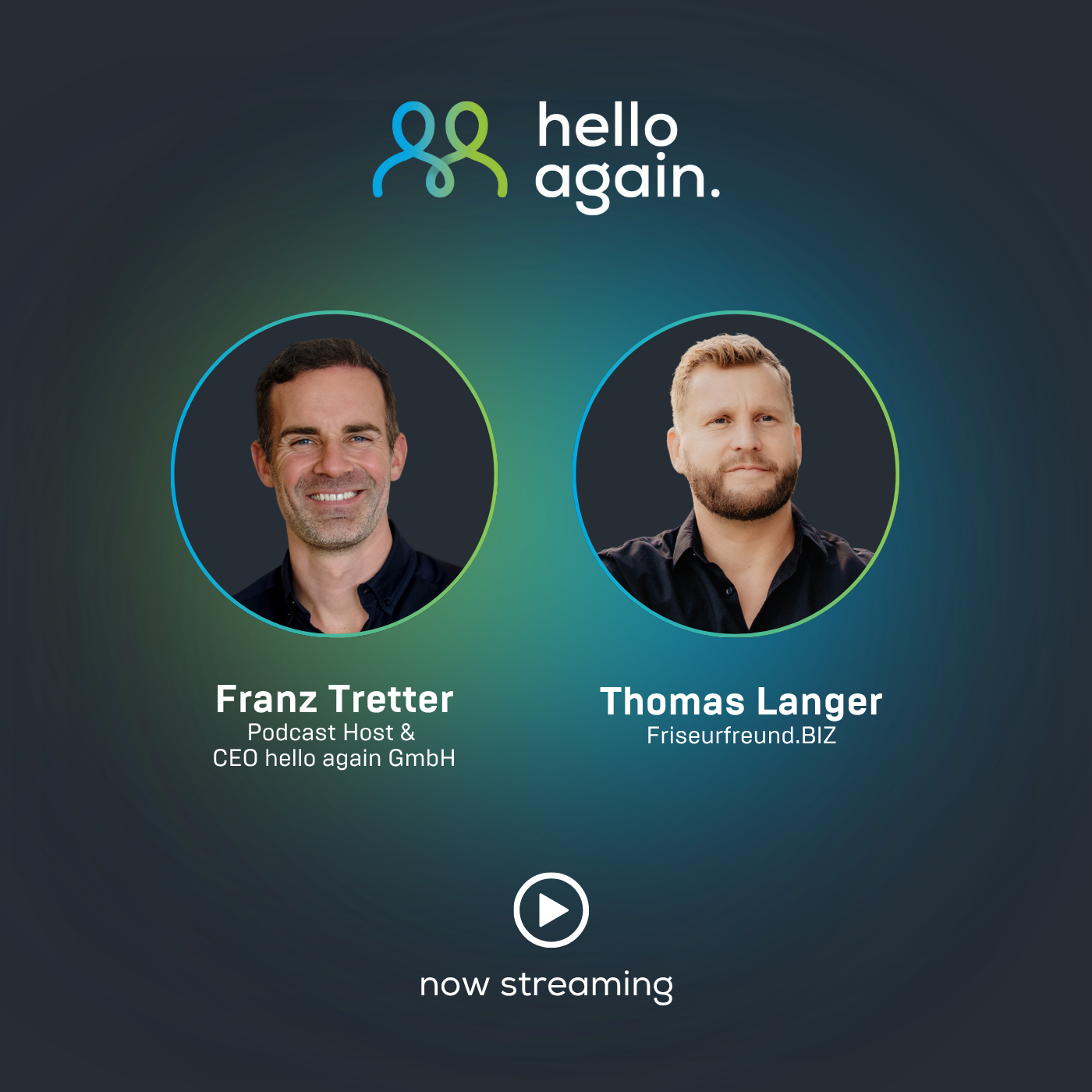 Podcast-Werbefoto mit Franz Tretter und Thomas Langer, mit dem Branding „hello again“ und einer Wiedergabetaste, mit dem Text "jetzt im Streaming verfügbar".