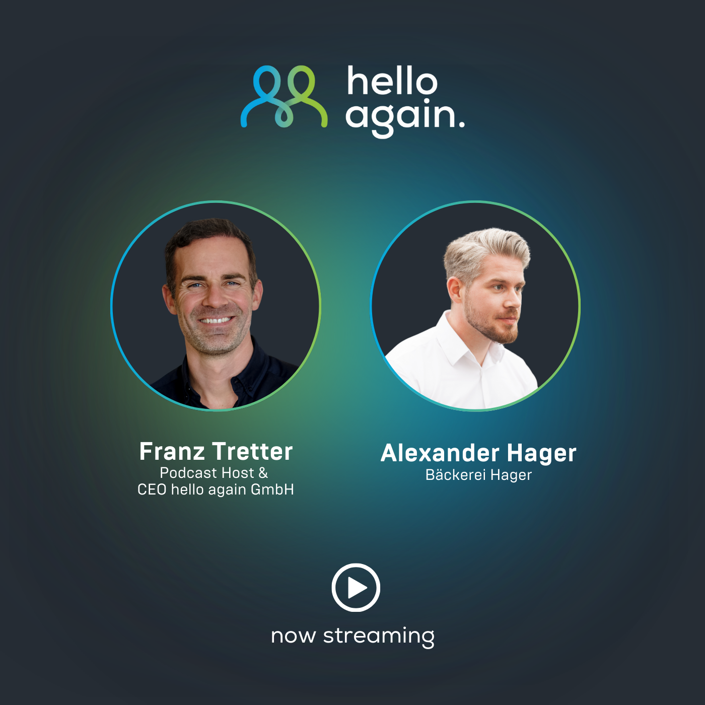 hello again Logo über zwei runden Porträtfotos (links lächelnder Mann, rechts blonder Mann) mit Namen und Firma darunter, Wiedergabesymbol und Text „Jetzt im Streaming“.