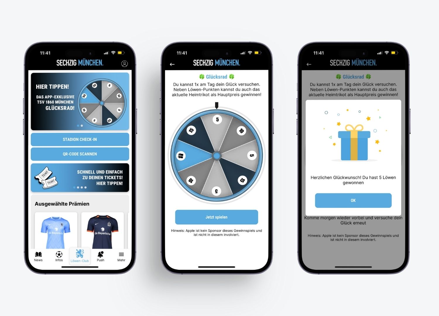 Auf drei Smartphone-Bildschirmen wird eine Gaming-App mit einem Glücksrad, einem Geschenkbox-Symbol und Merchandise-Optionen wie Shirts und Socken angezeigt.