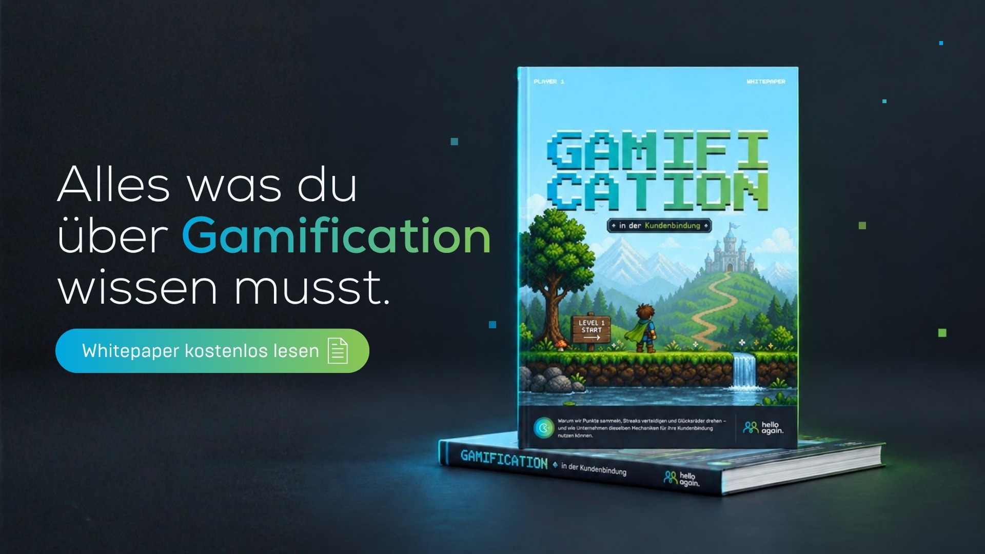 A book titled "Gamification" with a pixel art cover featuring a character and a castle. German text offers a free whitepaper download.