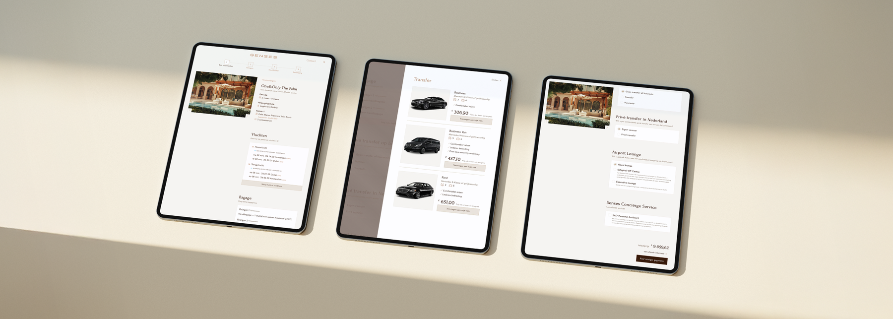 Het gemakkelijke boeking's process van Senses visueel esthetisch gepresenteerd op 3 iPad's