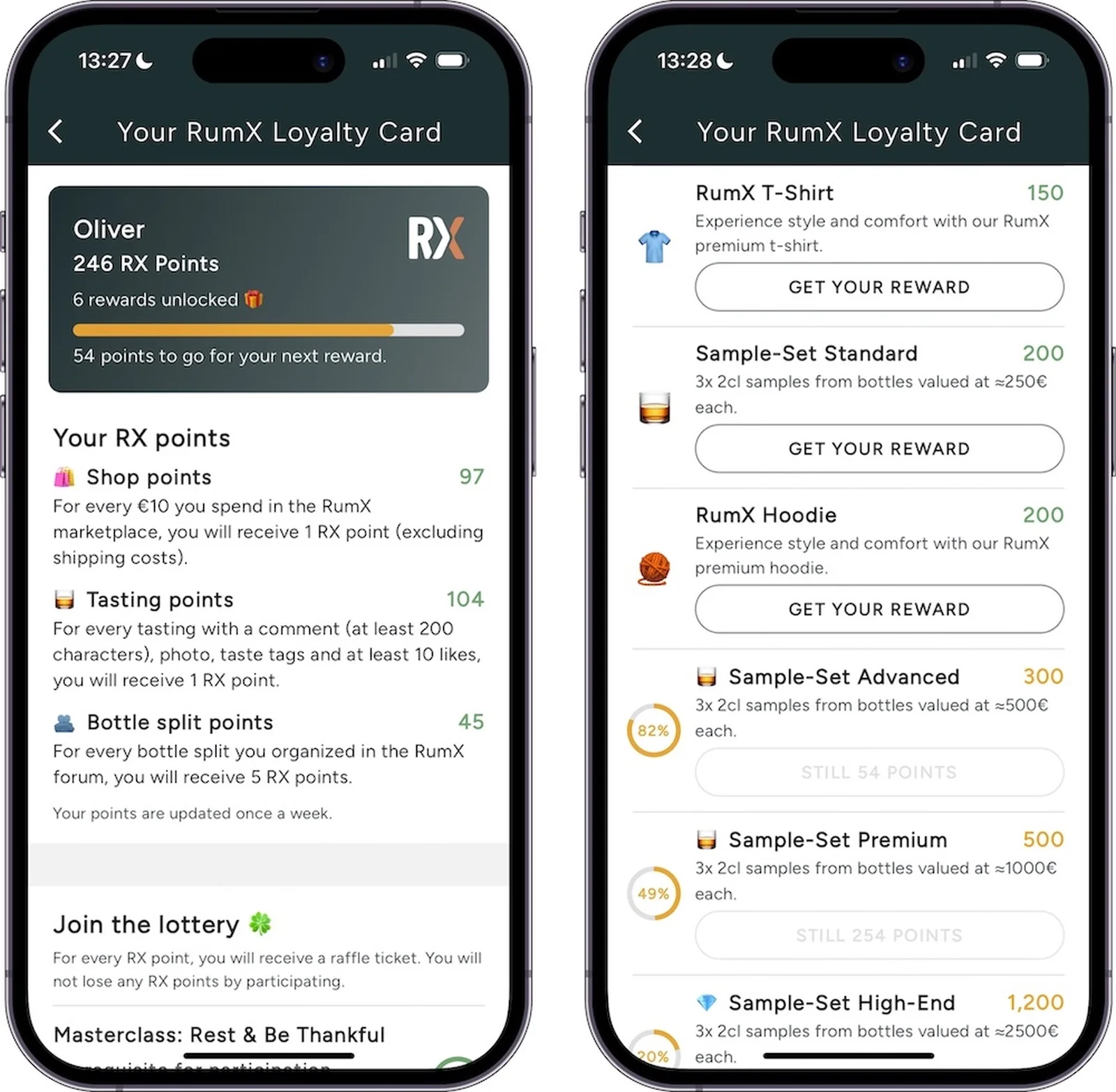 Screenshots of the new RumX loyalty program inside the iOS app